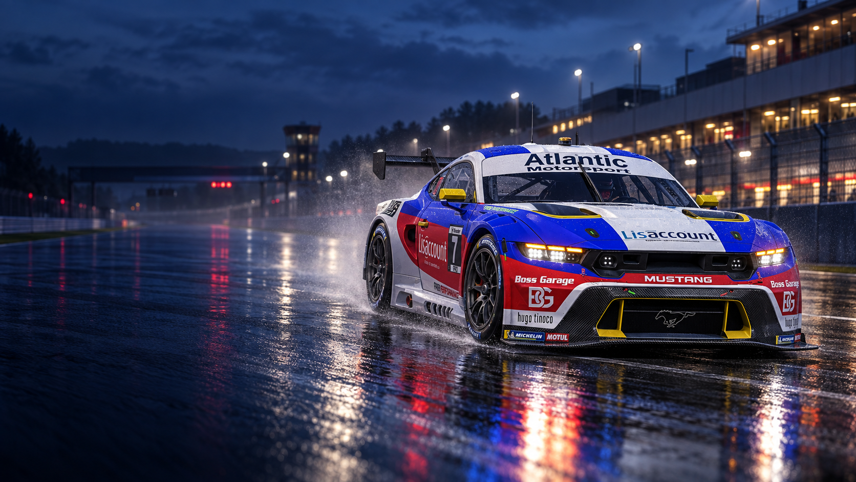 GT race car on a wet track at dusk